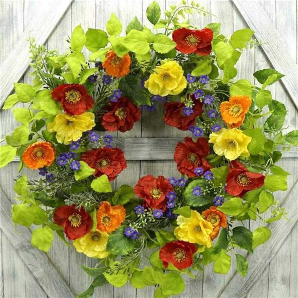 22” Artificial Spring Wreath for Front Door Summer Wreath with Colorful Poppy